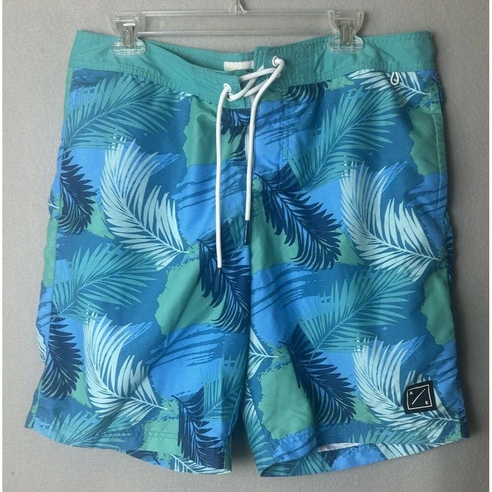 American Eagle Mens Large Tropical Palm Leaf Swim Trunks Blue‎ Beach Shorts